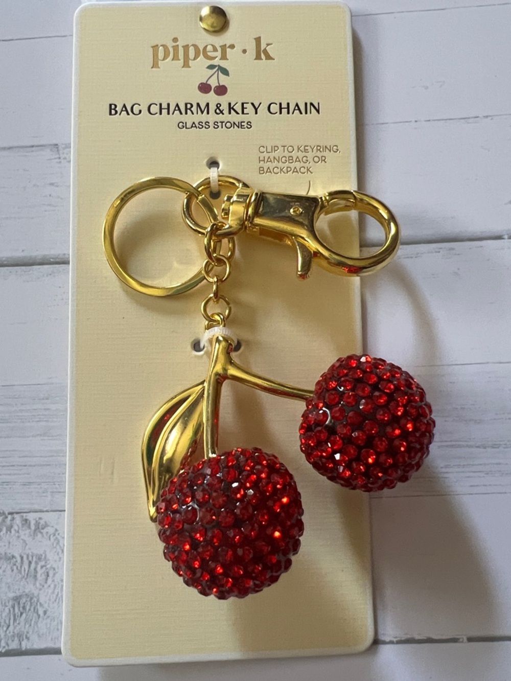 Piper Red Crystal Cherry Key & Bag Charm with Gold Hardware